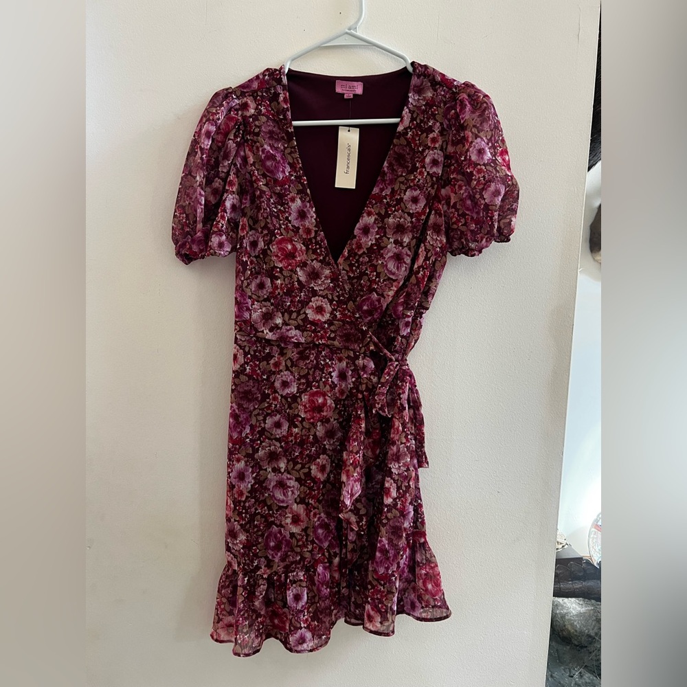 Mi Ami for Francesca’s Floral Wrap Dress S Ruffle Hem Sheer Overlay NWT - Picture 3 of 7